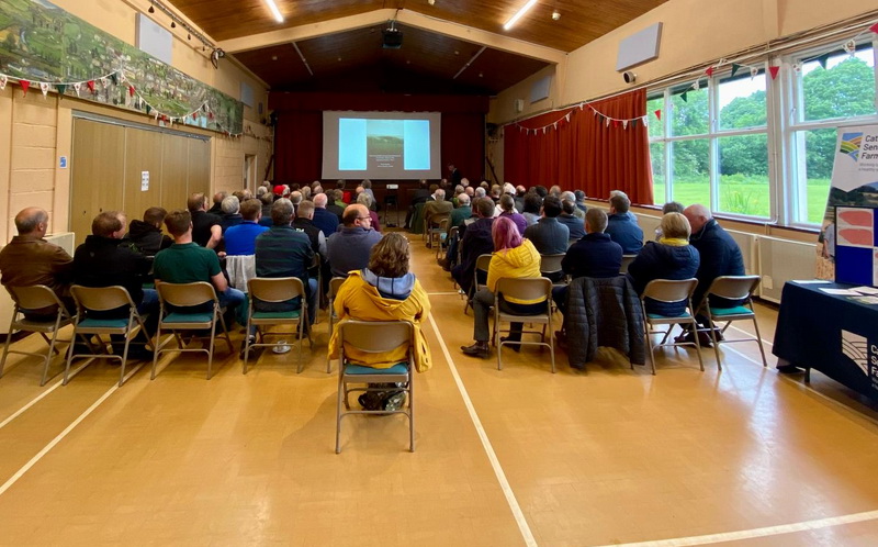 photo of 60+ farmers at a talk in Clun Memorial Hall